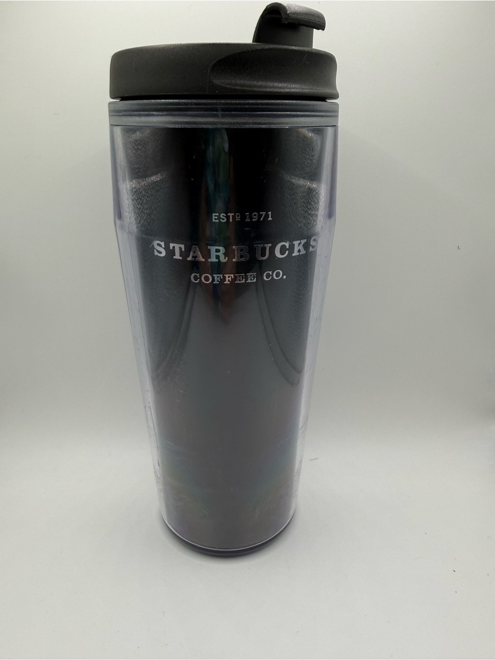 Starbucks Barista 2002 Travel Tumbler 16 oz Black Clear Coffee Mug Flip Lid